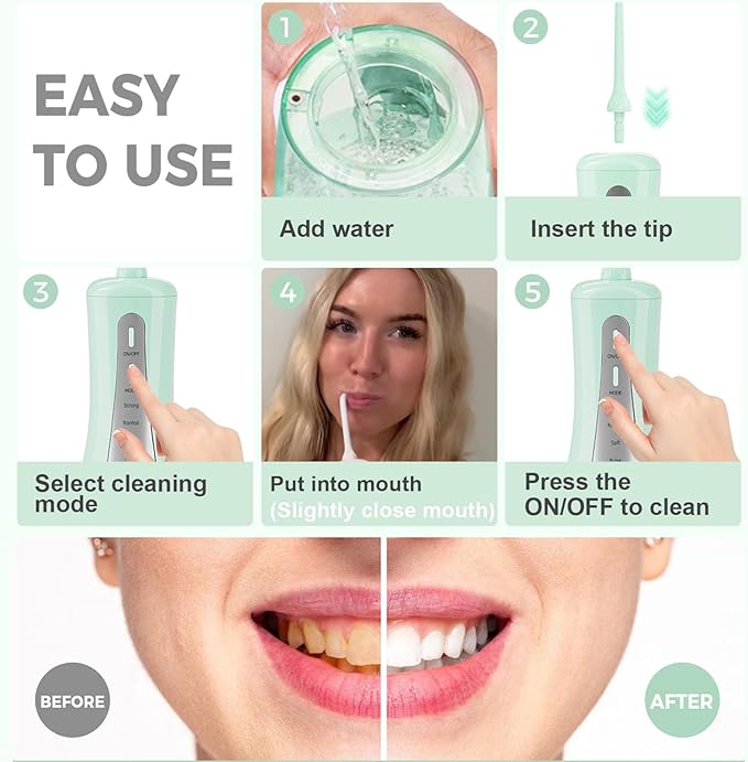 350ML Water Dental Flosser Teeth Pick with Travel Bag, 5 Modes Portable Cordless Oral Irrigator Cleaner, Electric Rechargeable IPX7 Waterproof for Home Travel Teeth Cleaning flossing (Green)