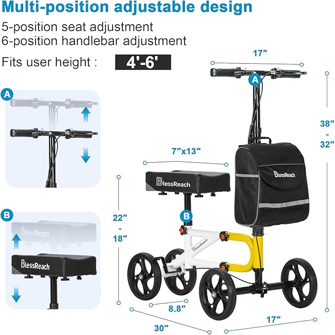 Economy Knee Scooter Steerable Knee Walker for Foot Injuries Compact Crutch Alternative with Dual Braking System (Yellow)