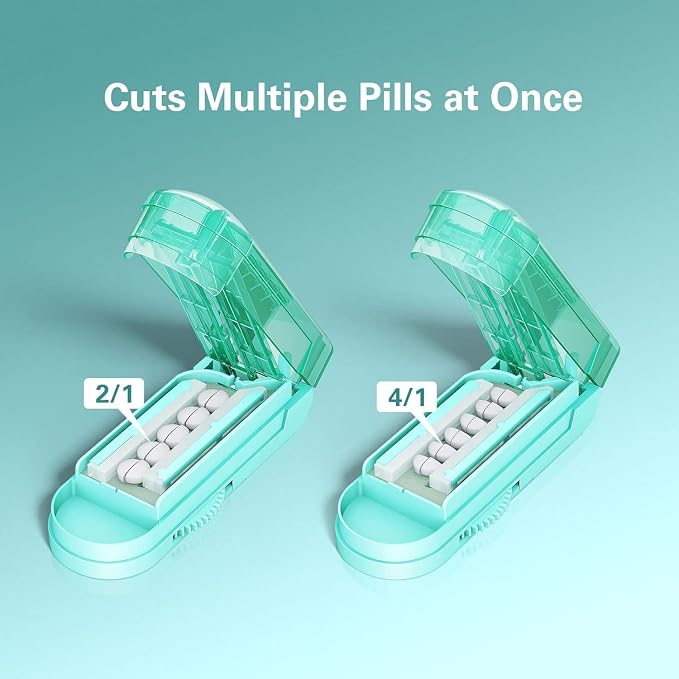 ONE PIX Multiple Pill Cutter Splitter for Small and Tiny Pills, Accurate 1/2 Tablet Splitter with Adjustable Bars & Hidden Blade, Safely Cuts Large Medication for Seniors & Pets, Cyan