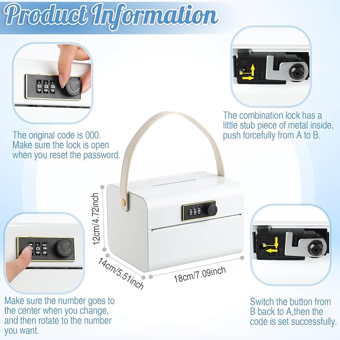 Honeydak Lock Box for Medication Metal Small Medicine Safe Pill Storage Box Portable Medicine Organizer with Combination Code and Handle for Refrigerator Fridge First Aid(White)