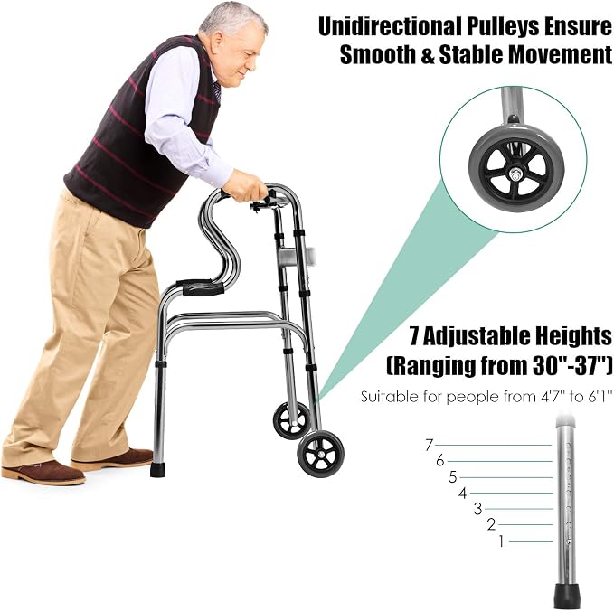 Goplus 3-in-1 Stand-Assist Folding Walker with 5" Wheels, Heavy Duty Walking Mobility Aid Supports up to 220lbs, Can be Used as Toilet Safety Rail, Narrow Drive Walkers for Seniors Elderly Adult