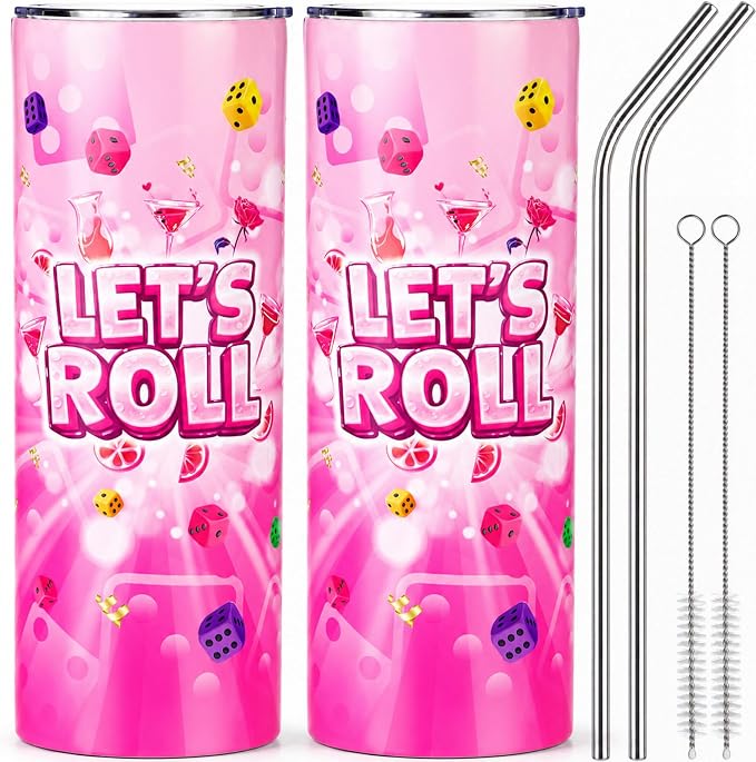 Geiserailie 2 Pack Bunco Party Supplies Stainless Steel Tumbler 20oz Bunco Game Lets Roll Dice Cups Reusable Insulated Cup with Lid and Straws for Players Bachelorette Buncos Game Night Party Gifts