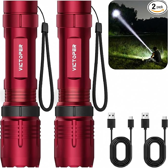 Victoper Red Rechargeabe Flashlight 2 Pack, High Lumens 5 Modes LED Bright Tactical Flashlights, Waterproof Zoomable Flash Light for Outdoor, Gifts for Camping Essentials Gear