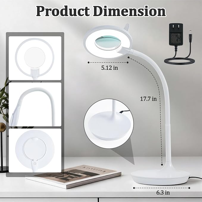3X+6X Magnifying Glass with Light and Stand, Dimmable LED Magnifying Lamp | Flexible Gooseneck, Hands Free Magnifier, Magnification Lamp for Elderly Craft Hobby Painting Sewing Close Work,Weighted Base