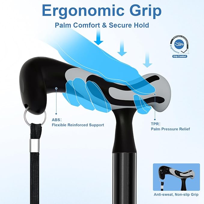 KingPavonini Walking Cane for Men Women Stability, Free Standing Foldable Cane, Ergonomic Handle Pivoting Quad Base, Heavy Duty 350 LBs, Adjustable Walking Canes for Seniors Balance with Travel Bag