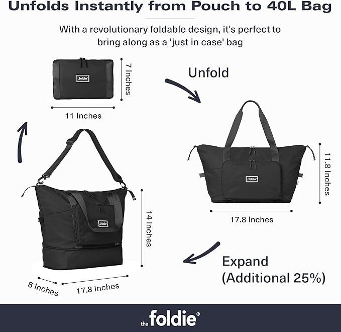 The Foldie Foldable Travel Bag for Women - 40L Weekender Bag with Multiple Pockets - Carry On Expendable Travel Bag