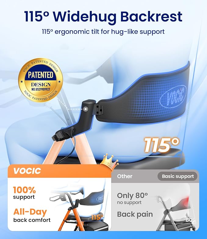 VOCIC Z21 Rollator Walker for Seniors with Seat, 8" All Terrain, 350 LBS | Lightweight Foldable & Dual Height Adjustable for Seniors, Ergonomic Arc Seat&6" Ultra Backrest Provide Comfort, Orange
