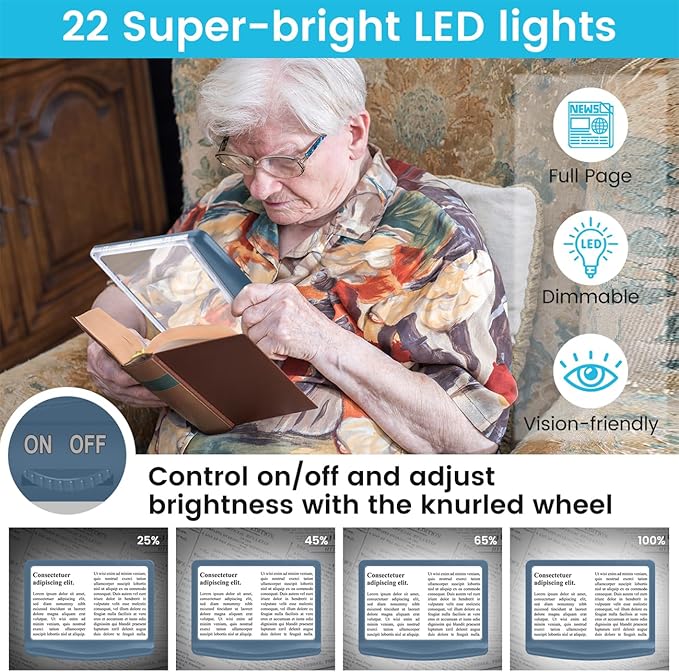 Rechargeable 5X Magnifying Glass for Reading, Large Bright Full Page Magnifier with Light, Handheld LED Dimmable Lighted, Lightweight Book Magnifier for Reading Small Prints Seniors - Blue