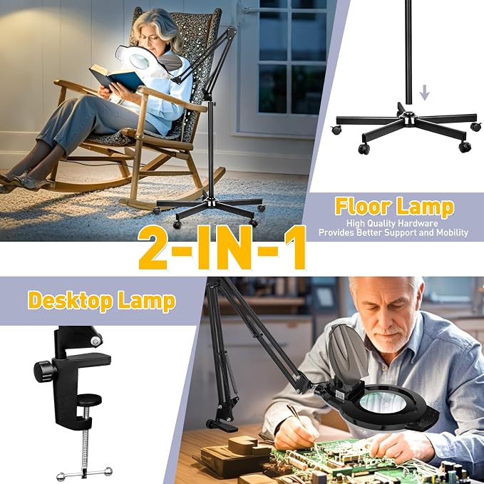 2200 Lumens Mag Lamp for Estheticians, 2-in-1 Magnifier Floor Light | 144 LED Stepless Dimmable, 10X Real Glass, 4 Wheel Rolling Stand Mag Lamp for Estheticians Facial Tattoo Craft Reading