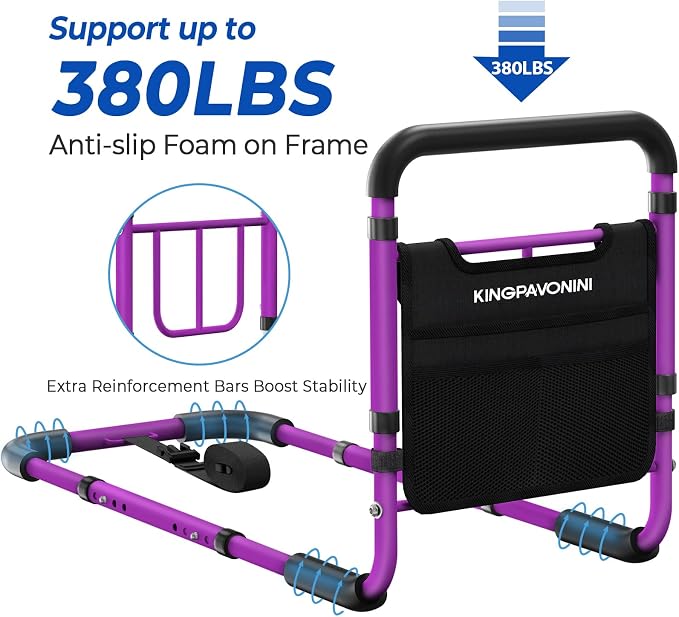 KingPavonini Bed Rails for Elderly Adults Safety, 380 LBS, Model BM03-1 | ASTM Approved, 2026 Upgraded Adjustable Bed Cane, Non-Slip Ergonomic Handle & Storage Bag, Tool-Free Bed Railings for Seniors