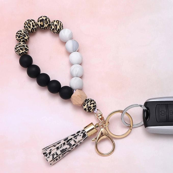 BAOSIWA Silicone Key Ring Bracelet Wristlet Keychain Unique Beaded Bangle Key Chains for Women with Leather Tassel