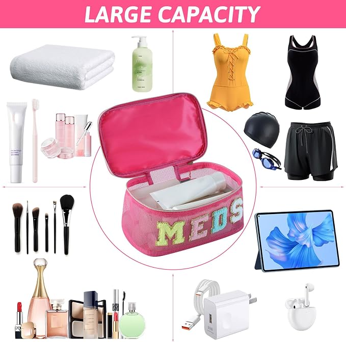 Medicine Bag, Portable Meds Bag with Chenille Letters, Breathable Mesh Makeup Bag Organizer for Travel, Pill Storage & Cosmetic Collection