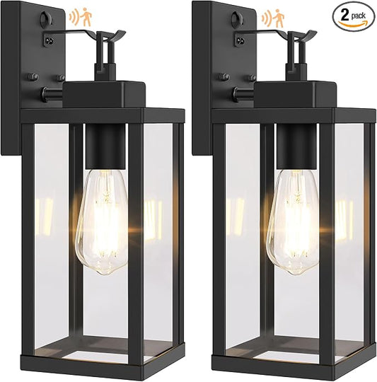 2-Pack 14” Upgraded Motion Sensor Outdoor Wall Lights, Black | Auto ON/OFF, 3 Lighting Modes, Waterproof, Rust-Resistant, Durable Metal & Clear Glass, Standard E26 Sockets, Easy to Install