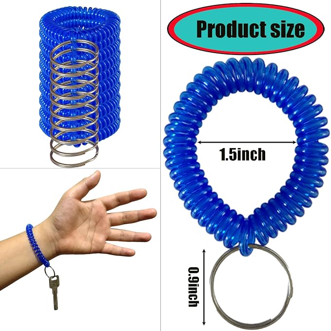 10 Pieces Wrist Coil Keychain Spiral Key Ring, Clear Blue | Wristband Bracelet Key Holder for Pool Gym ID Badge