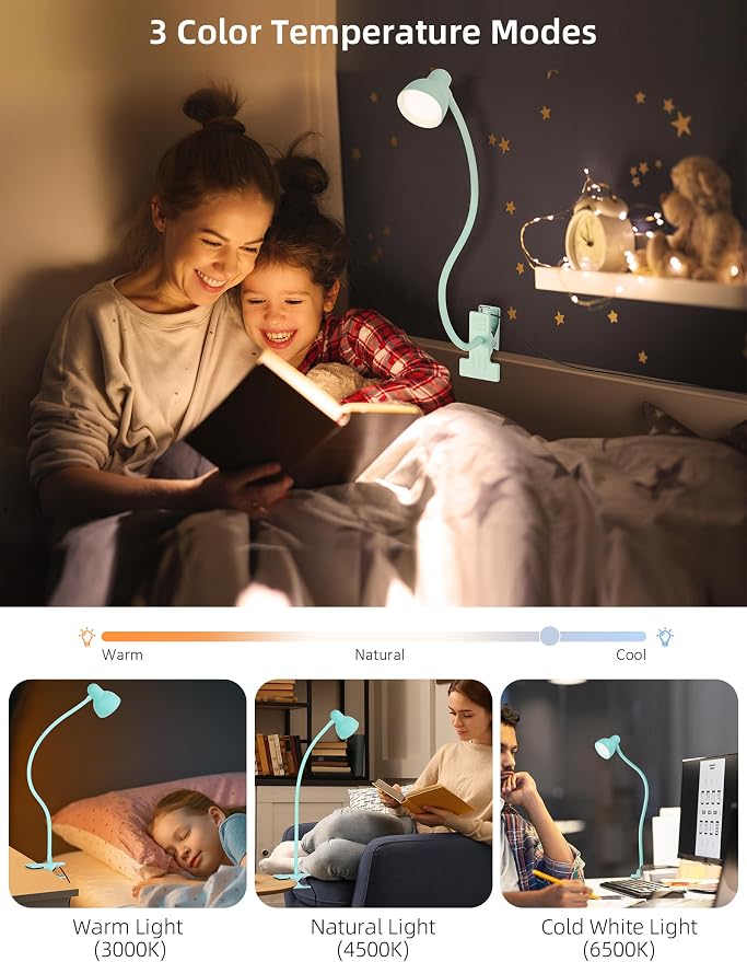 LiFMIRA Reading Light for Bed, Clip-on Desk Lamp 3 Color Modes Teal | 10 Brightness Levels Eye Care Clamp Light Flexible Gooseneck Reading Lamp Clip on Lamp for Bed Headboard Desk Bedside Dorm