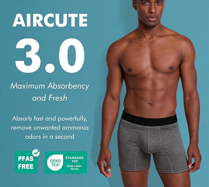AIRCUTE Washable Absorbency Incontinence Underwear for Men, 6" Inseam Urinary Protective Boxer Briefs for Bladder Leaks 60ML (X-Large, Charcoal)