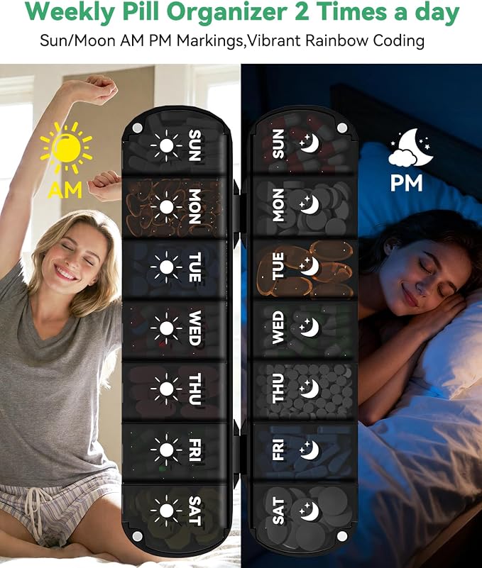 Foldable Pill Organizer 2 Times a Day, Magnetic Travel Pill Box AM PM, 7 Day Moisture-Proof Medicine Case for Vitamins, Supplements and Fish Oils, Portable Medication Planner for Purse, Bag & Pocket