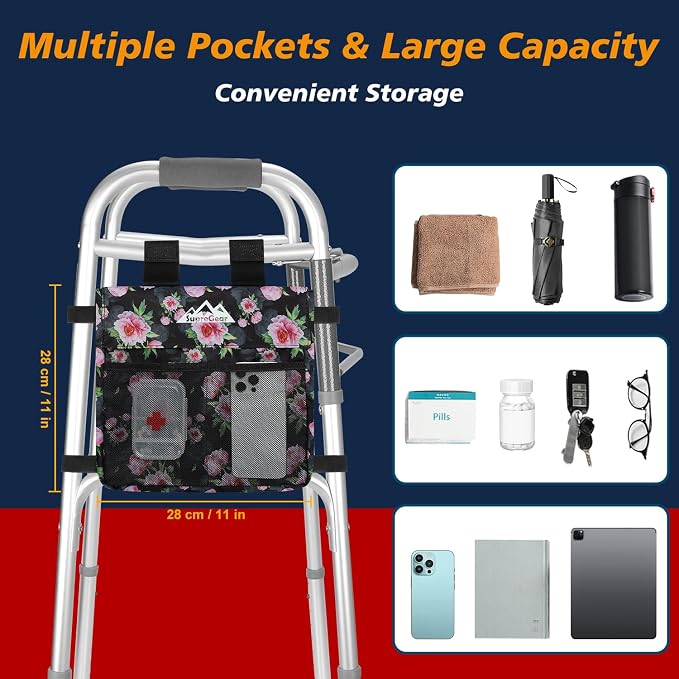supregear Walker Side Bag, Multi Pocket Storage Pouch for Folding Walker, Water Resistant Lightweight Hand Free Carrier Tote, Universal Size Seniors Caddy Attachment
