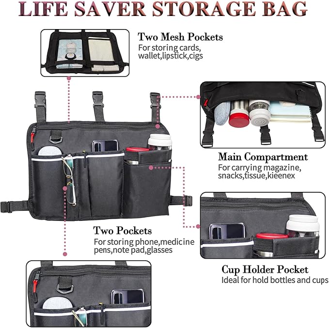 TONINT Large Walker Bag with Water Cup Holder,Walker Basket,Walker Accessories,Walker Bags For Folding Walker,Walker Bags For Seniors,Bag For Walker,Foldable Walker Storage Bag,Side Walker Bag