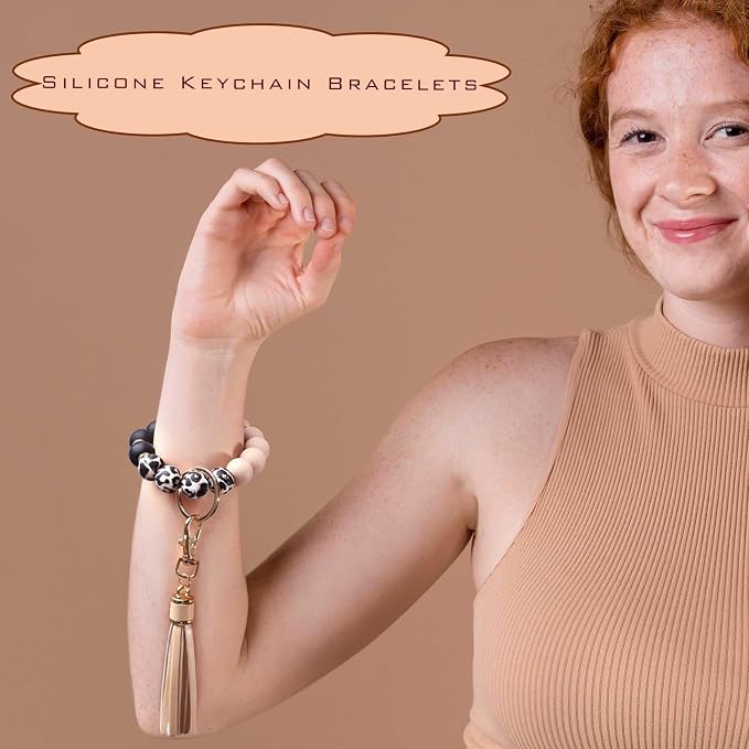 BAOSIWA Silicone Beaded Bracelet Keychain Wristlet Key Ring Bangle Chains for Women with Leather Tassel