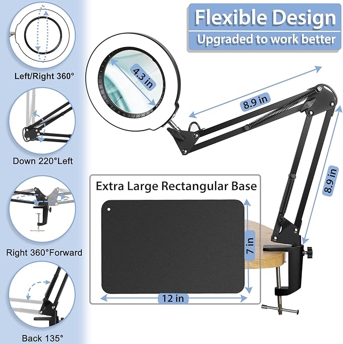Drdefi 12X Magnifying Glass with Light and Stand, 2-in-1 Magnifying Desk Lamp Rectangular Base & Clamp, 5 Color Modes Stepless Dimmable, LED Lighted Magnifier Hands Free for Painting Sewing Craft