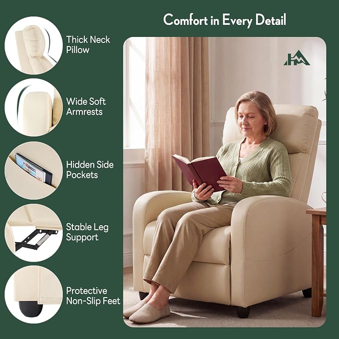 Massage Recliner Chair, Recliner Sofa Fabric for Adults, Recliners Home Theater Seating with Lumbar Support, Reclining Sofa Chair for Living Room, Cream