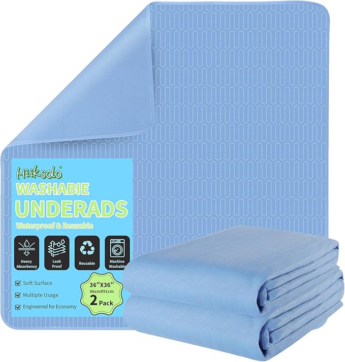 36" x 36" Washable Incontinence Pads (2 Pack) — Leakproof Heavy Absorbency Reusable Bed Underpads, Full Coverage Matress Protector for Adults, Seniors & Bedwetting Kids