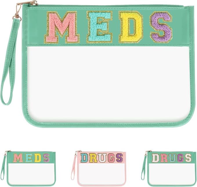 Iqimott Chenille Letter Patch Bag Clear MEDS Drugs Pouch, Preppy Portable Cosmetic Makeup Bag for Women Girls Travel, Waterproof Nylon Zipper Toiletry Medicine Storage Case Stadium Bag(Green, MEDS)