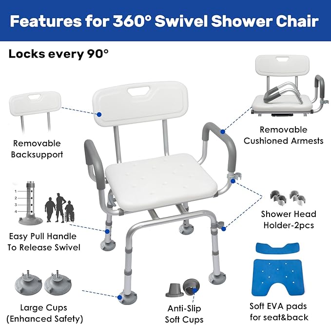 360° Swivel Shower Chair for Inside Shower, Rotating Shower Chair, Swiveling Shower Chair for Elderly and Disabled with Cold-Proof Pads, Support 400lbs,Tools-Free Assemble