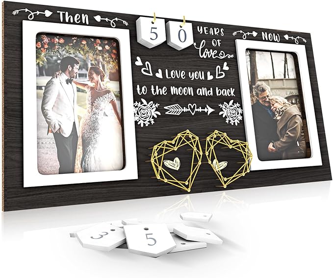 Black Then & Now Anniversary Picture Frame, 50th Wedding Gifts for Parents, Couple, 1-99 Years Wedding Picture Frame for 2 4x6 Photos, 50 Year Anniversary Decorations, Engagement, Birthday Gift