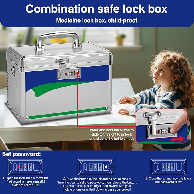 Medicine Lock Box with Combination Lock - 13.4 x 7.6 x 8.2 Inches - First Aid Safe Medication Storage Box, Medications and Personal Items, Safe Boxes for Home and Outdoor - Silver