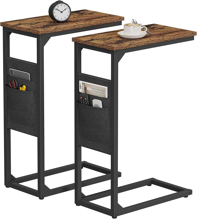 TUTOTAK C Shaped End Table, Side Table for Couch, Sofa Table | with Storage Bag, Set of 2, TV Tray for Living Room, Bedroom, Brown TB01BB0822