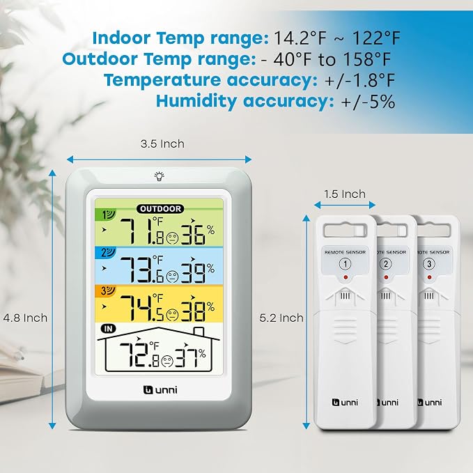 Indoor Outdoor Thermometer Wireless 4.5 Inch Display Digital Hygrometer | Temperature Humidity Monitor with 330ft Range Sensor and Adjustable Backlight with 3 Sensors (Colorful)