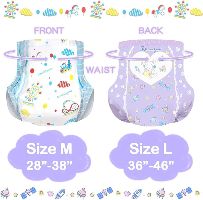 Landofgenie Adult Diapers Print Diaper 10 Count, 5 Patterns(M28-38) | 5000 mL Absorbency, Side Leak-Proof Barriers, Elastic Cuffs & Waistband