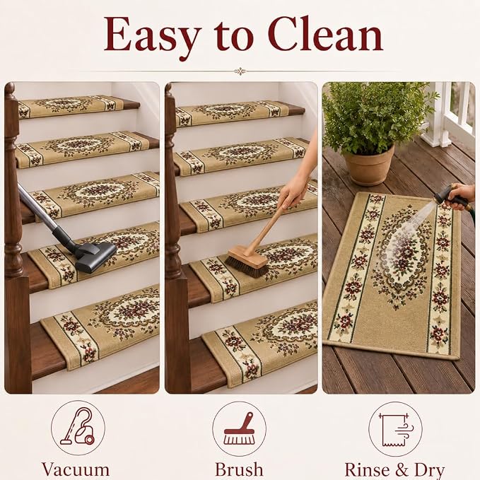 Rounded Bullnose Carpet Stair Treads for Wooden Steps Indoor, No Tape Non Slip Step Mats with TPU Backing & Steel Reinforced Edge for Dogs Elders,Beige Floral,14