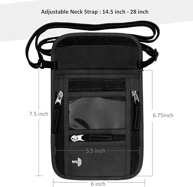 WALNEW Passport Holder Neck Pouch Travel Wallet for Women and Men, RFID Blocking Security Slim Traveling Wallet with Around Neck Lanyard Strap, Black | Around Neck Lanyard Strap, Travel Safety Anti Theft Bag, Neck Wallet for Traveling Women Men