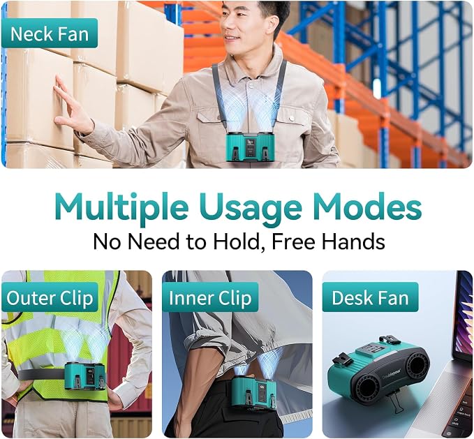 Doublepow 24000mAh Portable Waist Fan, Personal Fan, Dual Air Ducts Motors, Rechargeable Clip On Belt for Working, 10 Speeds 45H Wearable Neck Cooling, for Outdoor Work, Travel, Power Outage (Blue)