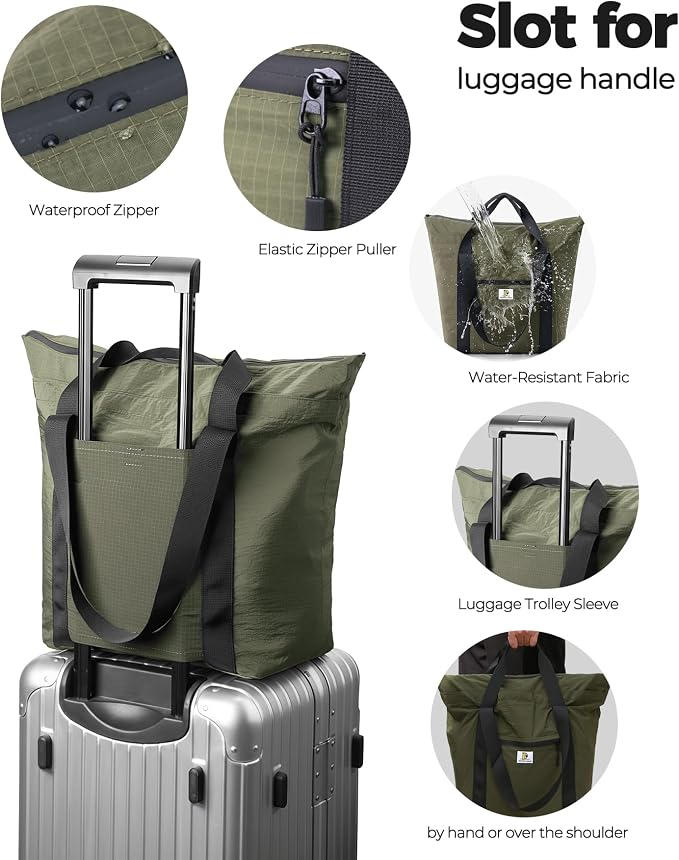 Foldable Travel Bag, 26L Duffle Bag for Travel, Expandable Second Carry-On Bag for Travel & Shopping, Water-Resistant Personal Item Bag, Olive Green