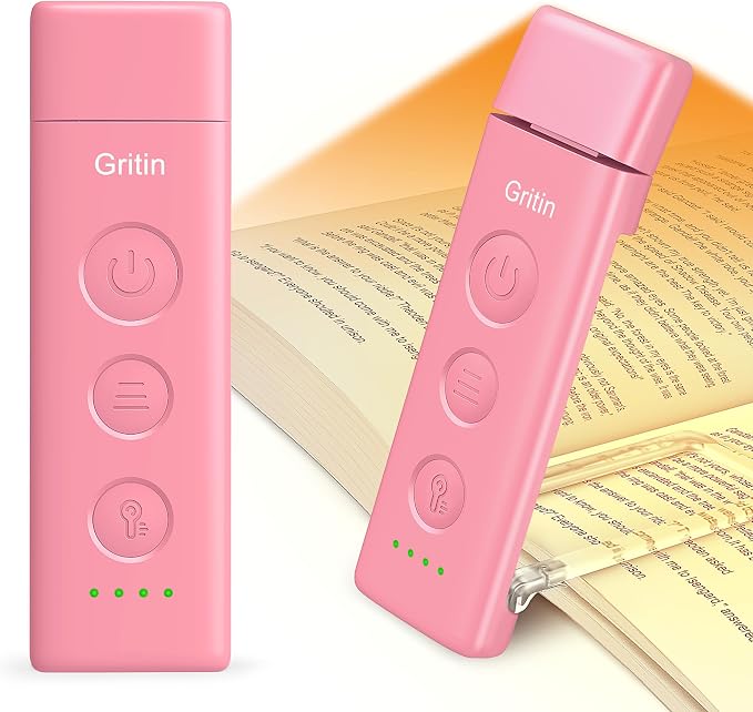 Gritin Book Light Rechargeable, Clip on LED Reading Light for Books in Bed | Eye Caring 3-Color & 5-Brightness, Stepless Dimming, Long Lasting, Compact Size Flexible Book Lamp for Bookworms-Warm Pink