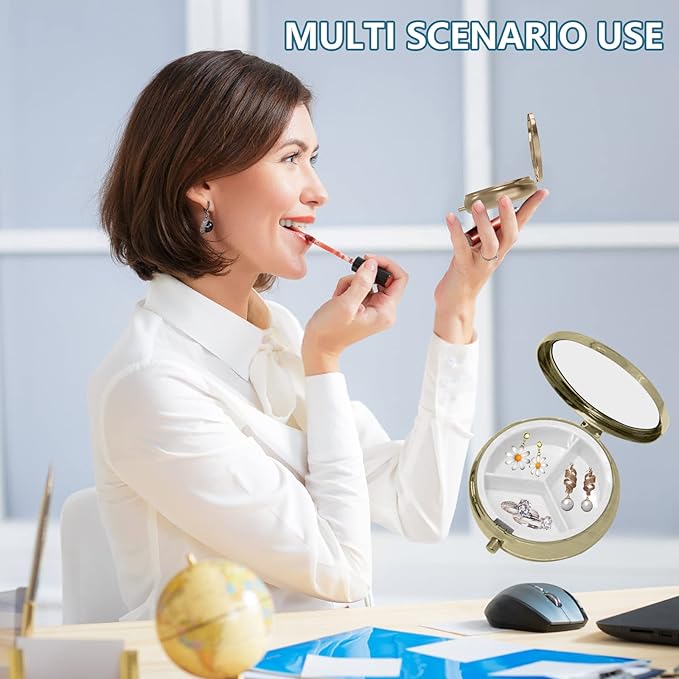 Pill Case Pill Box with Mirror Retro Small Pill Case for Purse or Pocket Bronze Pill Box or Vitamins, Fish Oil, Supplements, Pill Containe Travel Gifts（2PCS）