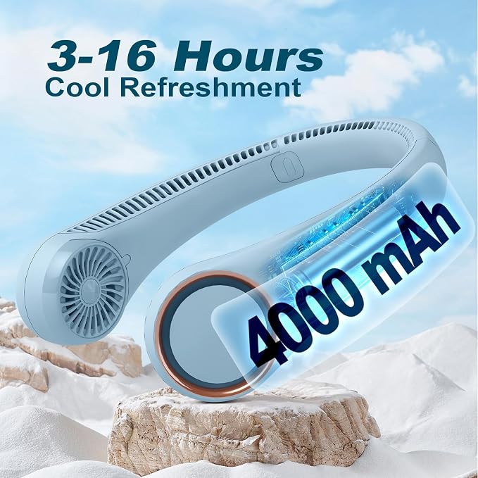 CIVPOWER Neck Fan: Portable Personal Neck Cooling Rechargeable Bladeless Fan - Hands Free 3 Speed 4000 mAh Battery USB Operated Wearable Headphone Design - Gift for Men Women Outdoor (Light Blue)
