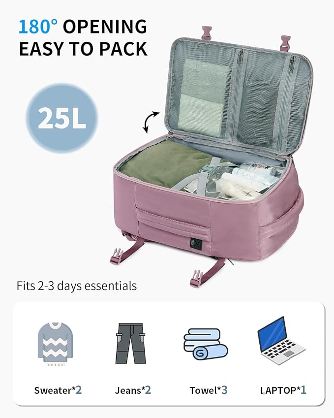ECOHUB 17'' Small Travel Backpack, United Airlines Personal Item Bag 16.9"x10"x7.5" Carry on Backpack with USB Port Luggage Sleeve Travel Essentials for Men Women Water Resistant, Pink