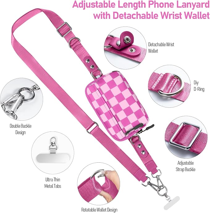 Tiostep Clip and Go Strap for Phone with Wallet Crossbody Phone Lanyard Adjustable and Detachable RFID Wristlet Wallet (Hot Pink Checkered, Medium)