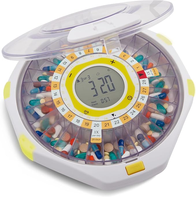 LiveFine Bluetooth Pill Dispenser, 9 Dosage Rings, 28-Day, Clear Lid | Free app control with sound and light alerts, secure key lock, quick-press latch - for seniors and arthritis sufferers.