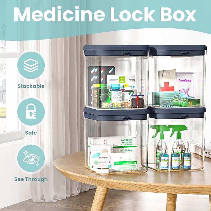 Medicine Lock Box for Safe Medication, Clear Lockable Storage Box for Snacks Food, Phone Lock Boxes with Combination Code for Home/Dorms/Office Storage Lockers (Grey)