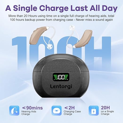 Hearing Aids with UV Cleaning Light, Rechargeable OTC Hearing Aids for Seniors and Adults, Noise Reduction, Battery Level Display, Premium Speech Clarity - Beige