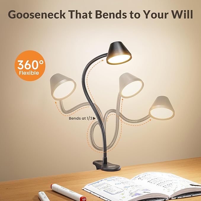 LEPOWER Clip on Light, Reading Lights for Books in Bed with 5 Colors & Stepless Dimming, RG0 Eye-Care, Auto Timer & Night Light, Strong Clamp for Headboard, Bedside, Desk, Black