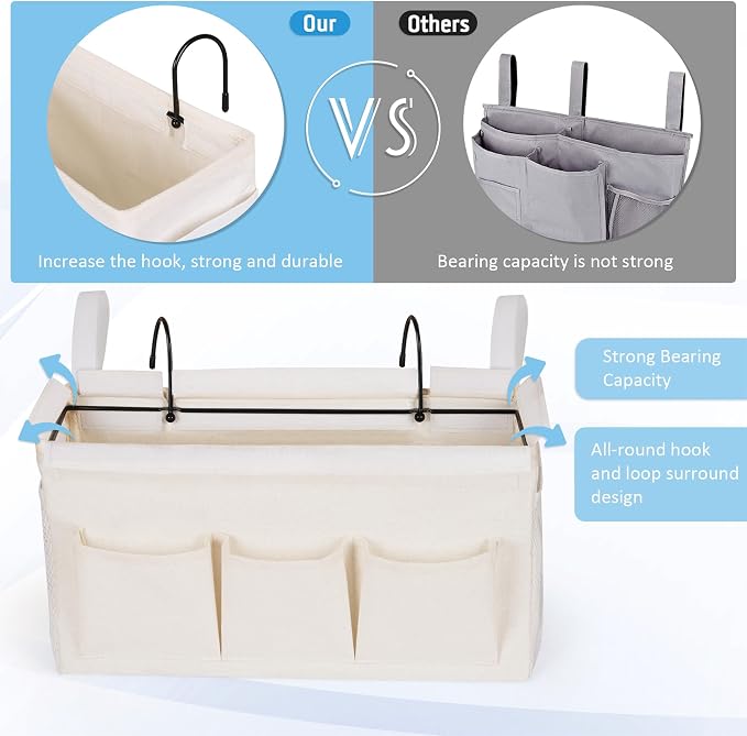 Bedside Caddy Bedside Storage Bag for Headboards/Bunk Bed | Hanging Bed Caddy with Hooks fits Bunk bed Hospital Beds Dorm Bed Rails, Essentials for Phones, Books, Remotes, Water Bottles