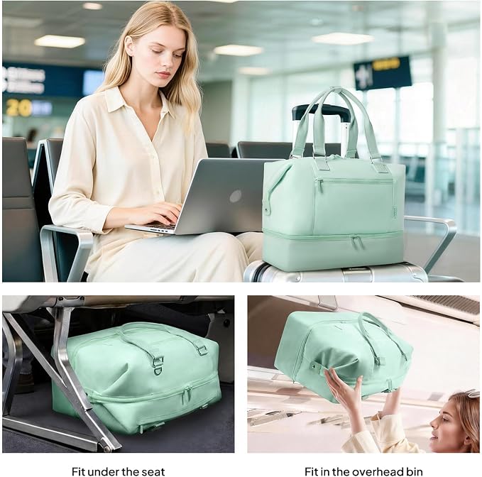 Travel Duffle Bag for Women, 40L Weekender Bags Airline Approved Carry On with Shoe Compartment & Waterproof Wet Pocket, Durable Nylon Weekender Overnight Bag for Travel, Gym, Business Trip, Green