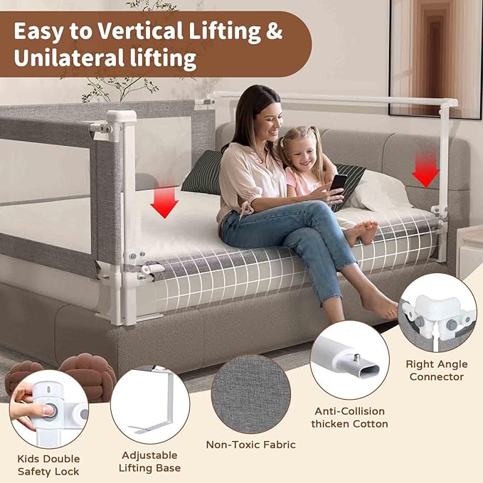 3-Piece Califormia King Size Bed Rail for Toddlers - Height Adjustable Baby Bed Rail Guard with Headboard Rod,Safety Bed Rails for Cal King Size Bed with Child Lock(70.8x82.7 x82.7Inch